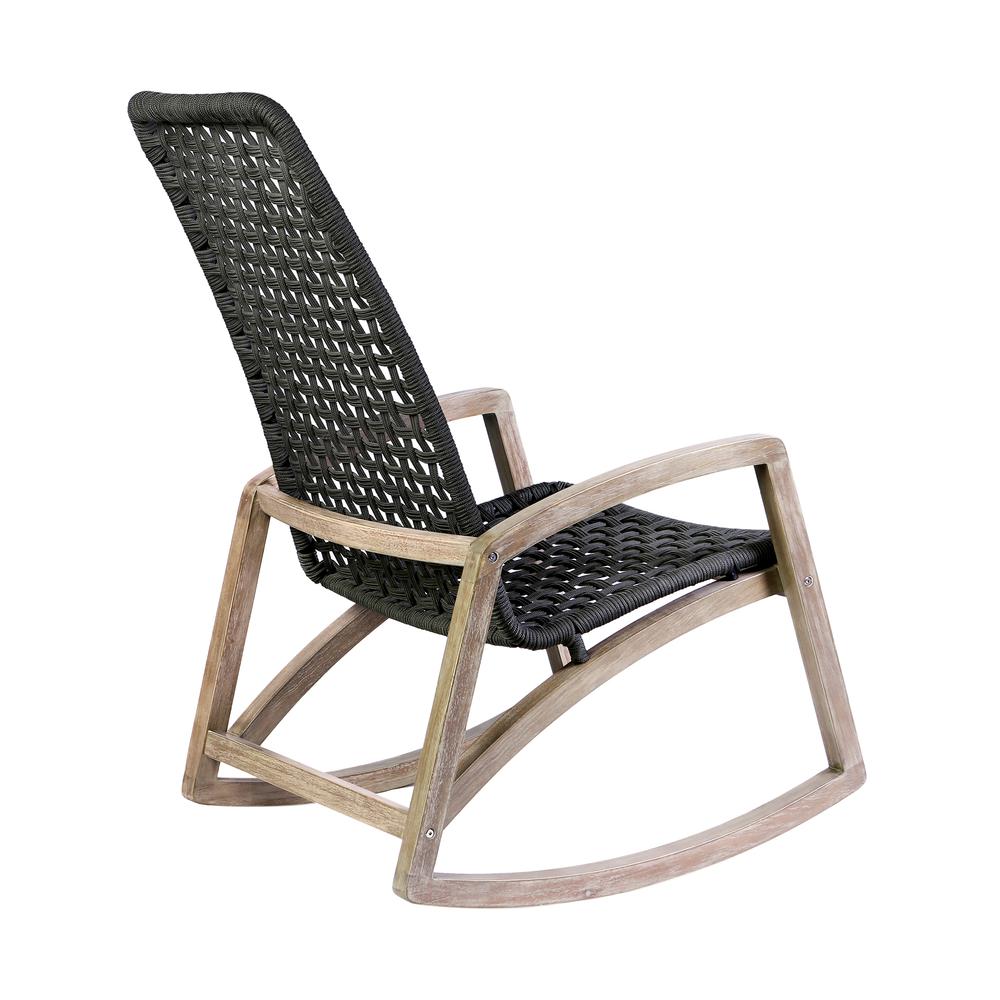 Sequoia Outdoor Patio Rocking Chair in Light Eucalyptus Wood and Charoal Rope. Picture 3