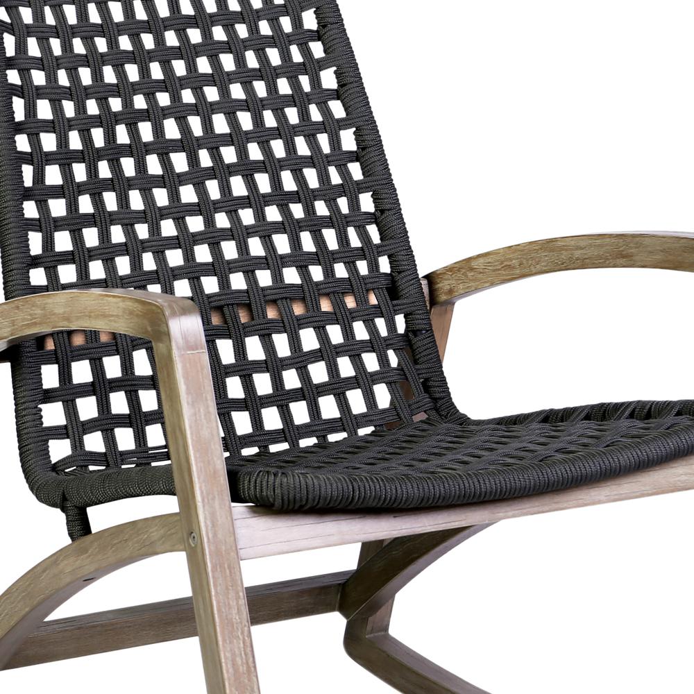Sequoia Outdoor Patio Rocking Chair in Light Eucalyptus Wood and Charoal Rope. Picture 5
