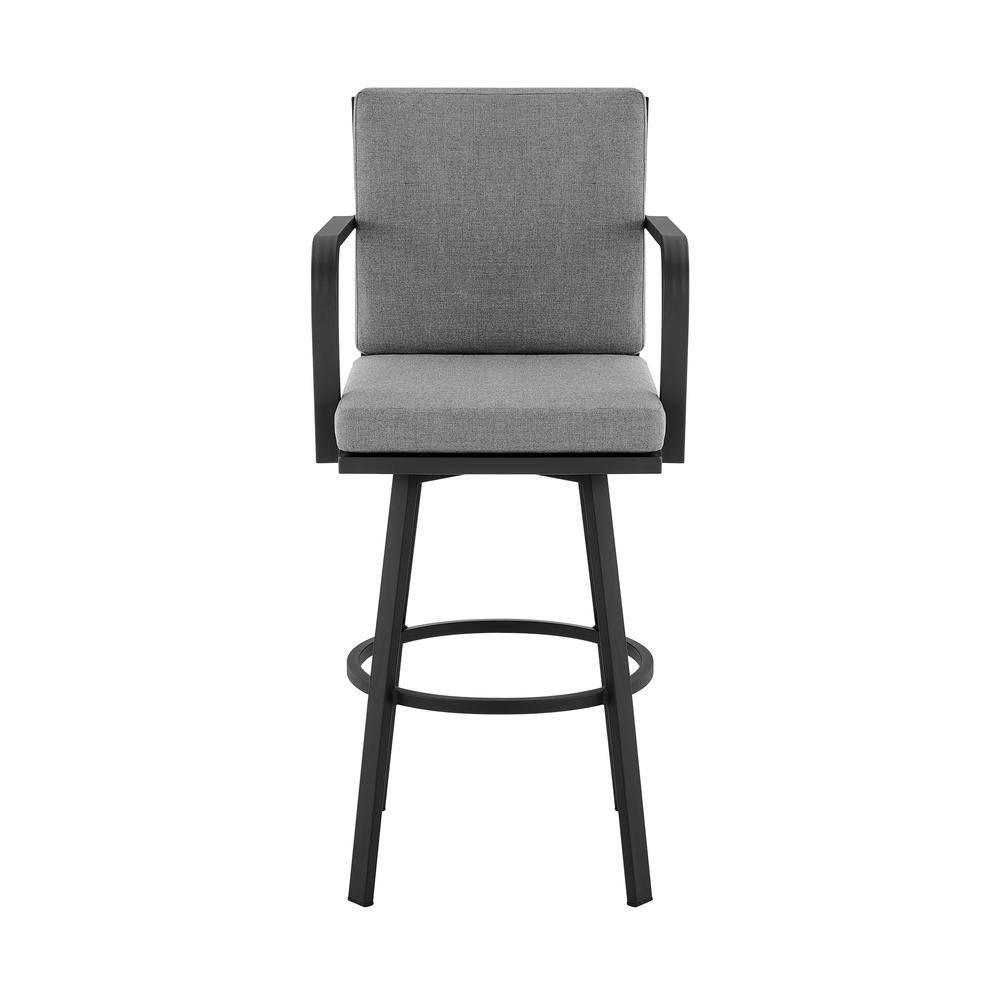 Don 30" Outdoor Patio Bar Stool in Black Aluminum with Grey Cushions. Picture 1