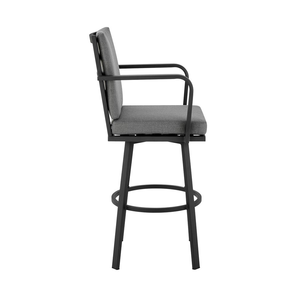Don 30" Outdoor Patio Bar Stool in Black Aluminum with Grey Cushions. Picture 2