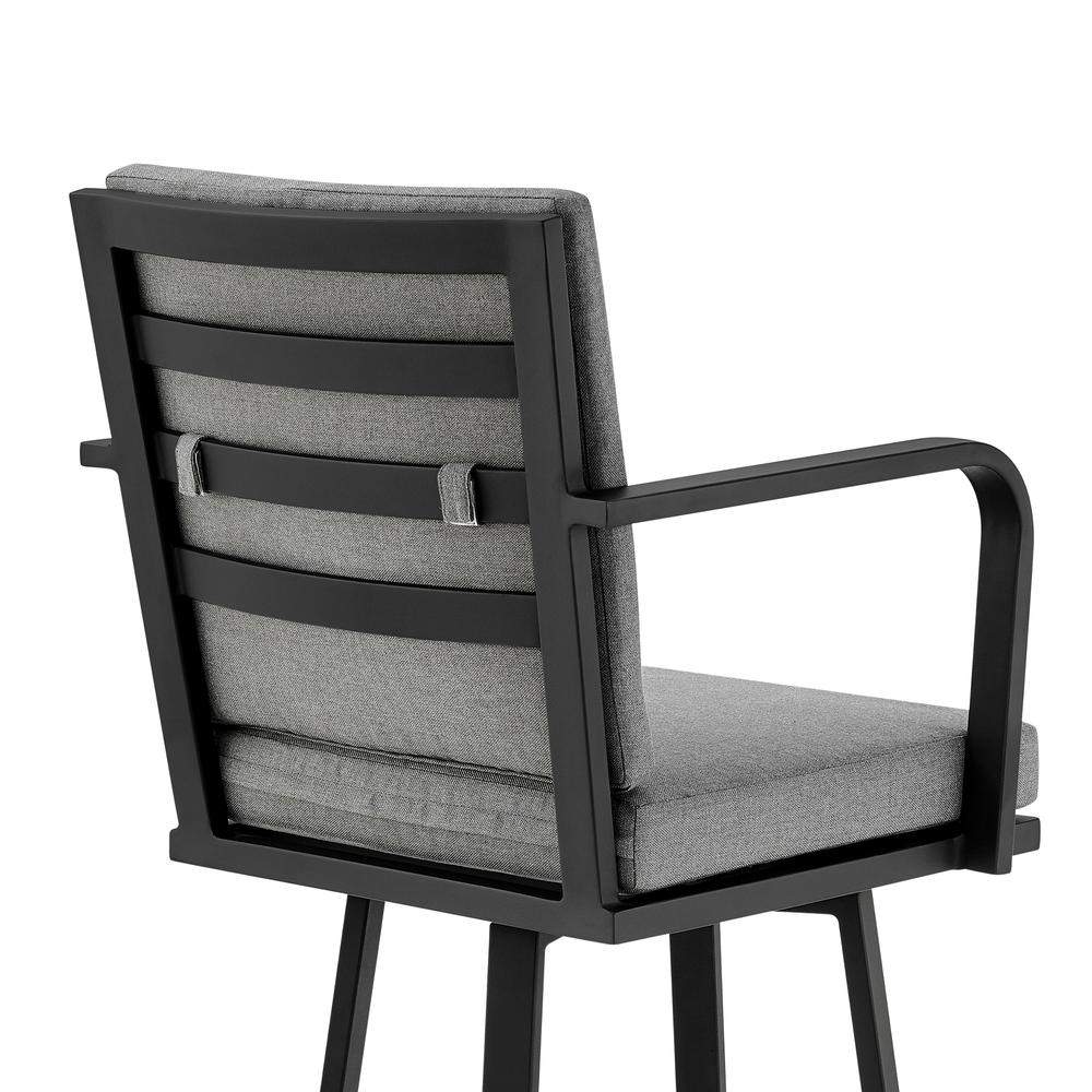 Don 30" Outdoor Patio Bar Stool in Black Aluminum with Grey Cushions. Picture 6