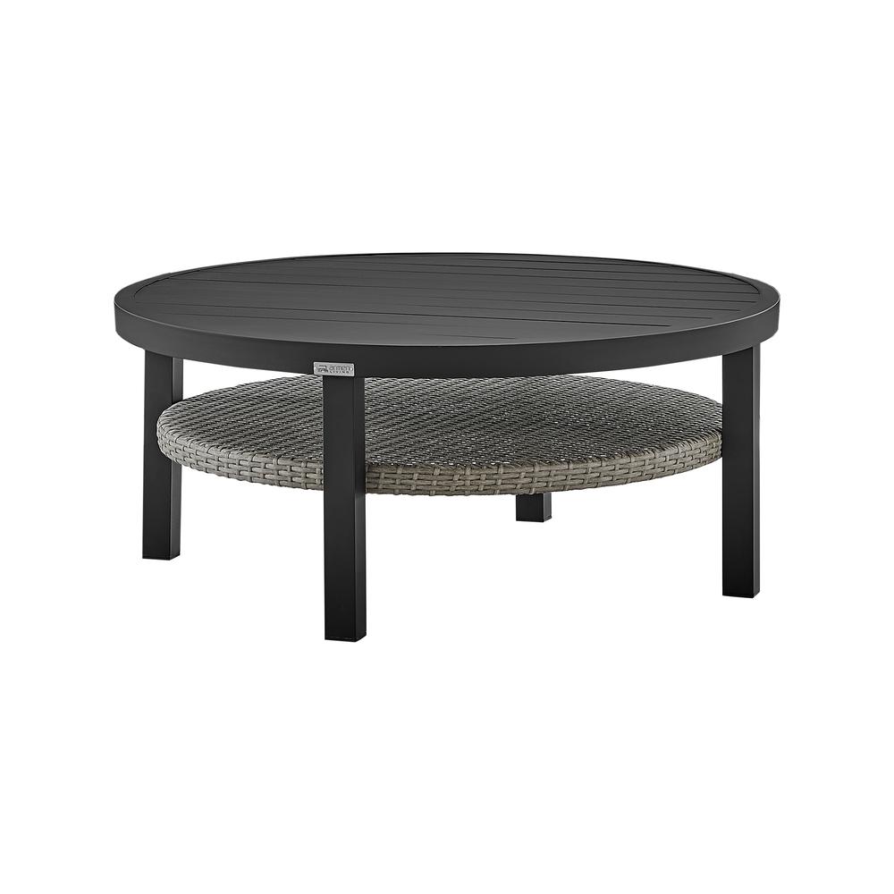 Aileen Outdoor Patio Round Coffee Table in Black Aluminum with Grey Wicker Shelf. Picture 1