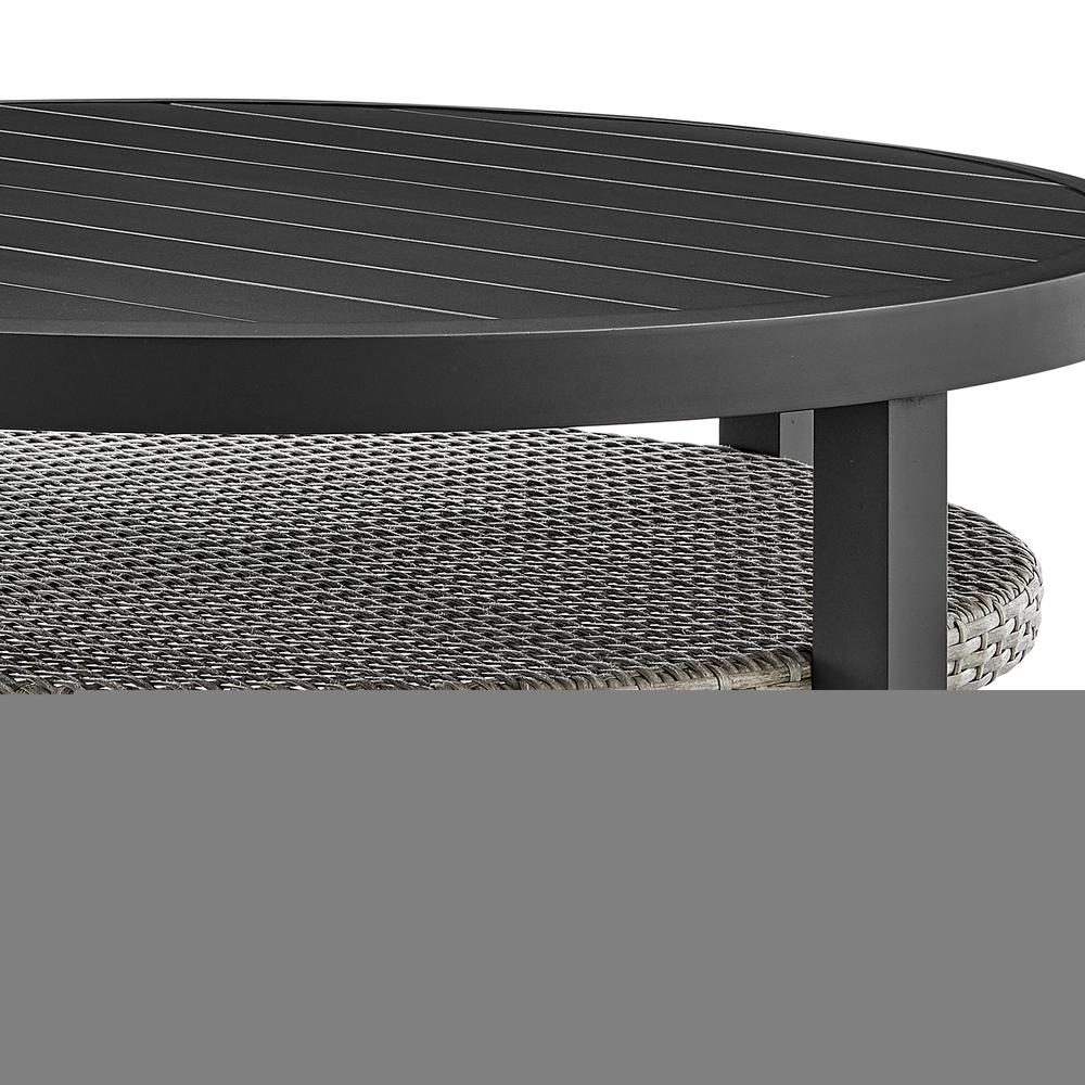Aileen Outdoor Patio Round Coffee Table in Black Aluminum with Grey Wicker Shelf. Picture 2