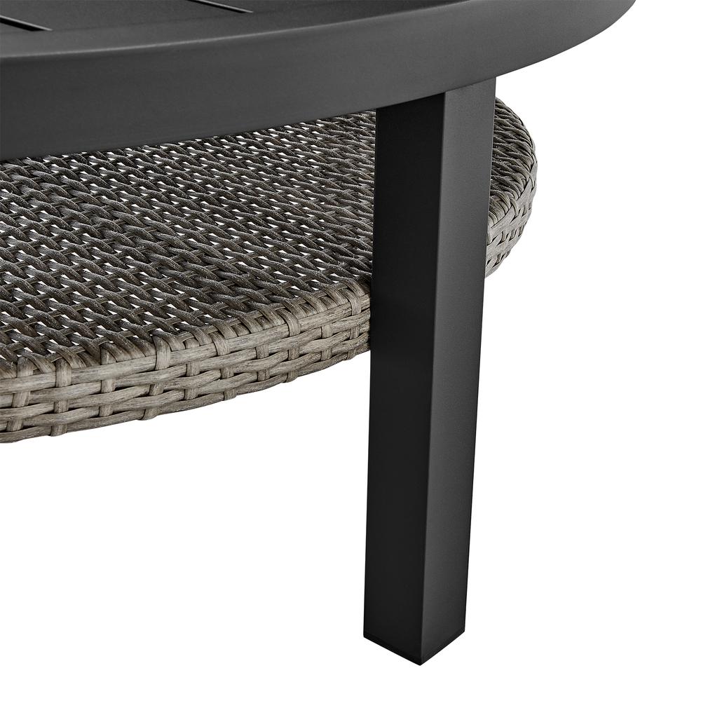 Aileen Outdoor Patio Round Coffee Table in Black Aluminum with Grey Wicker Shelf. Picture 3