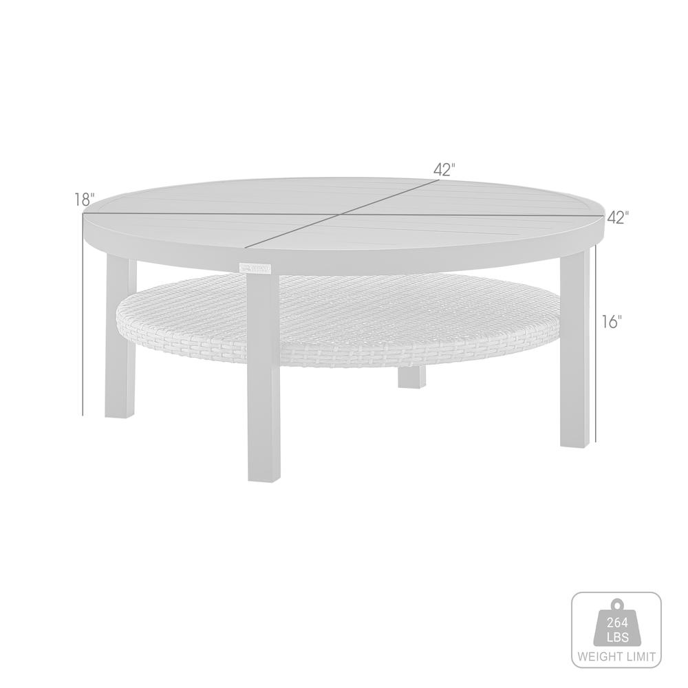 Aileen Outdoor Patio Round Coffee Table in Black Aluminum with Grey Wicker Shelf. Picture 4