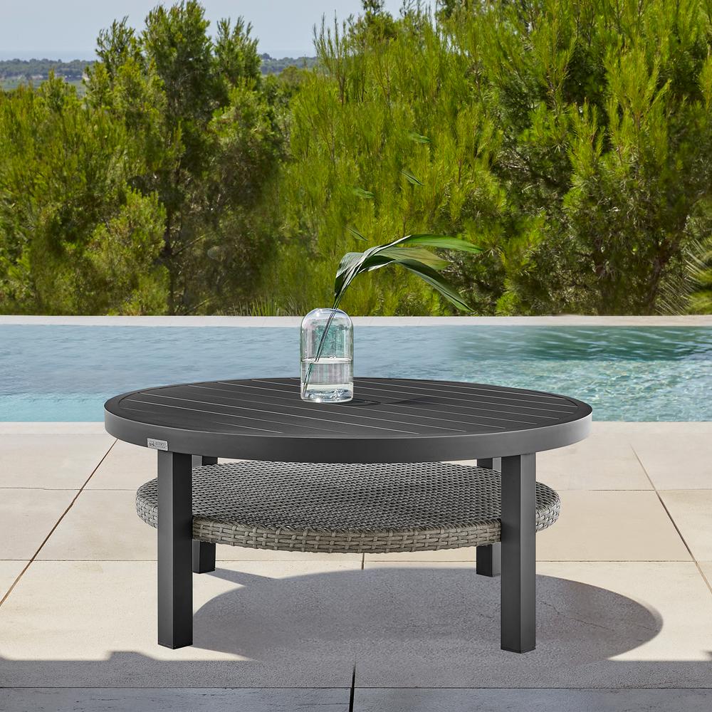 Aileen Outdoor Patio Round Coffee Table in Black Aluminum with Grey Wicker Shelf. Picture 5