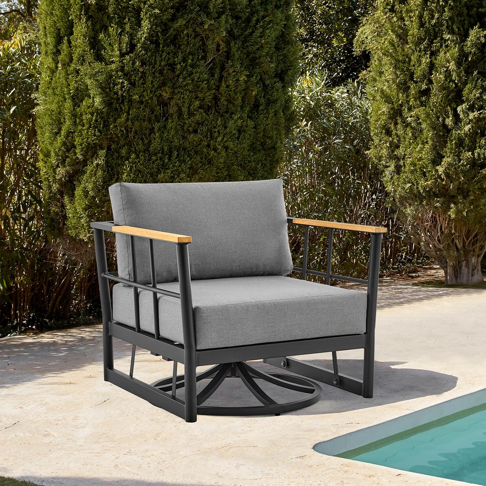 Shari Outdoor Patio Swivel Glider Lounge Chair in Black Aluminum and Teak Wood with Cushions. Picture 3
