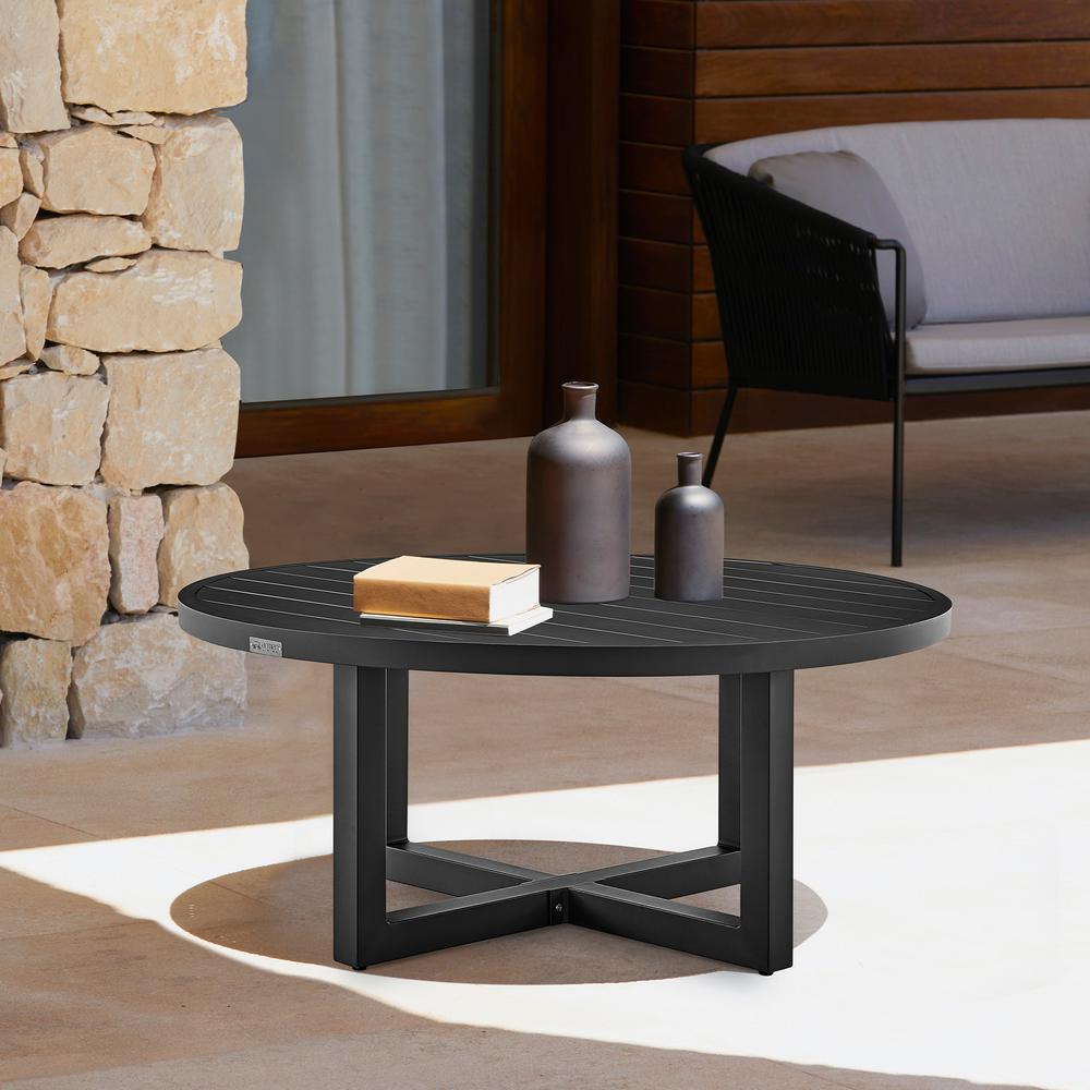 Argiope Outdoor Patio Round Coffee Table in Black Aluminum. Picture 6