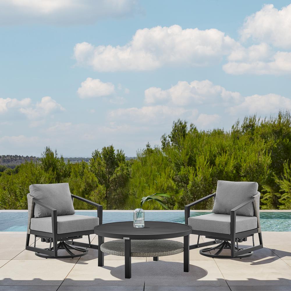 Aileen 3 Piece Patio Outdoor Swivel Seating Set in Black Aluminum with Grey Wicker and Cushions. Picture 3