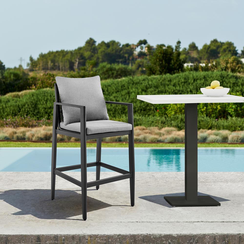 Grand Outdoor Patio Counter Height Bar Stool in Aluminum with Grey Cushions. Picture 9
