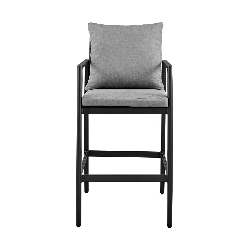Grand Outdoor Patio Bar Stool in Aluminum with Grey Cushions. Picture 1
