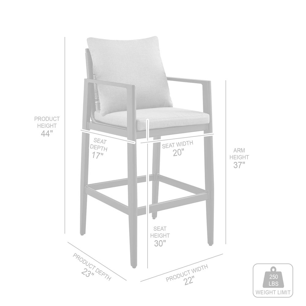 Grand Outdoor Patio Bar Stool in Aluminum with Grey Cushions. Picture 8
