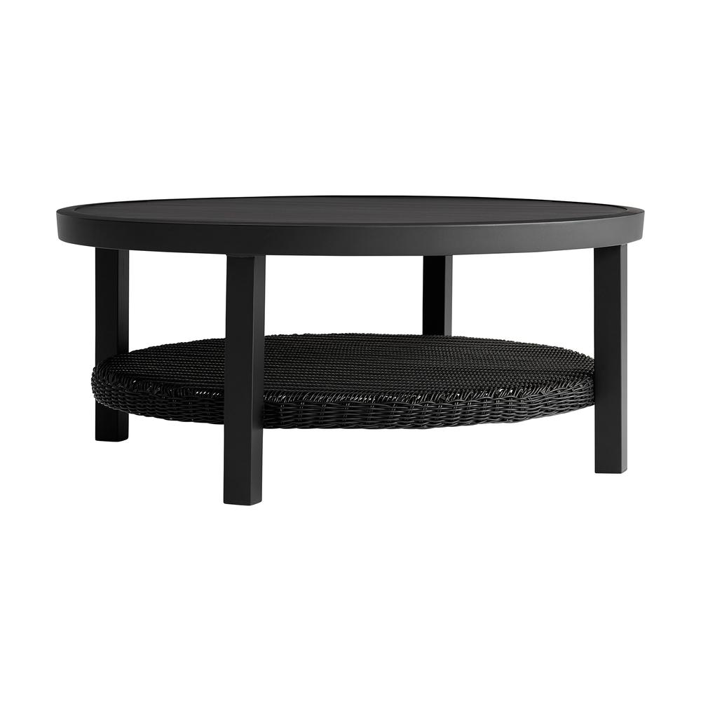 Grand Black Aluminum Outdoor Round Conversation Table with Wicker Shelf. Picture 1