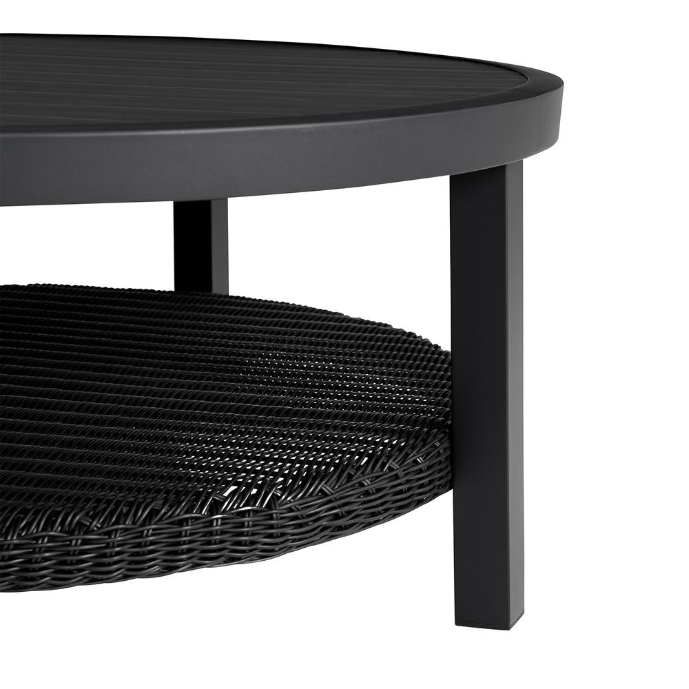 Grand Black Aluminum Outdoor Round Conversation Table with Wicker Shelf. Picture 2