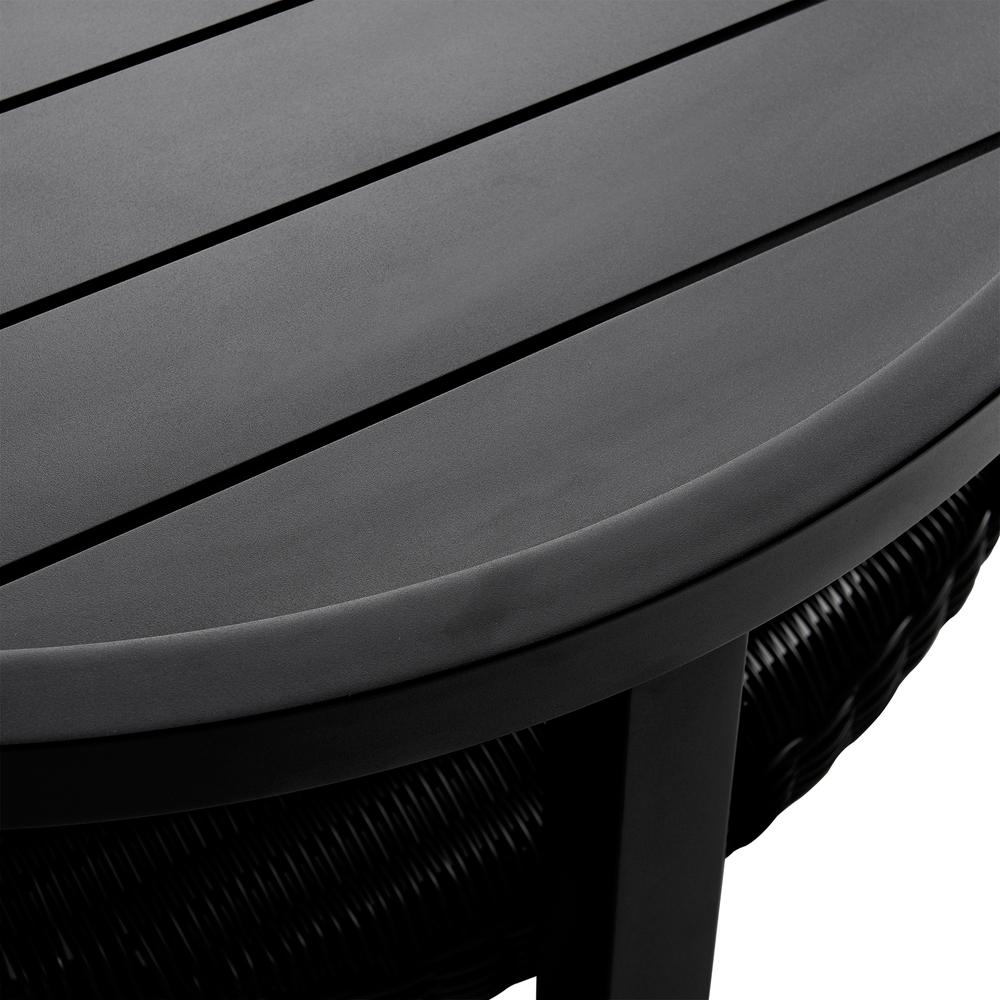 Grand Black Aluminum Outdoor Round Conversation Table with Wicker Shelf. Picture 3