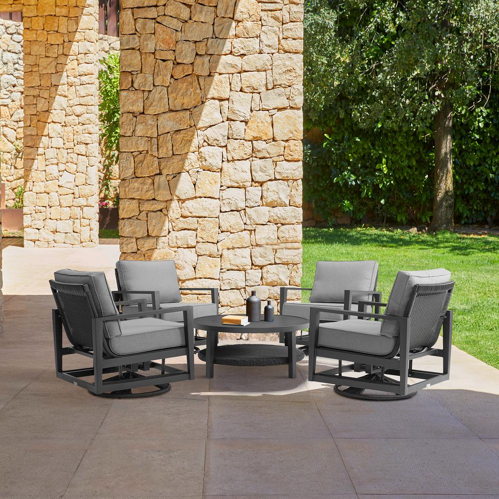 Grand 5 Piece Black Aluminum Outdoor Seating Set with Dark Gray Cushions. Picture 9