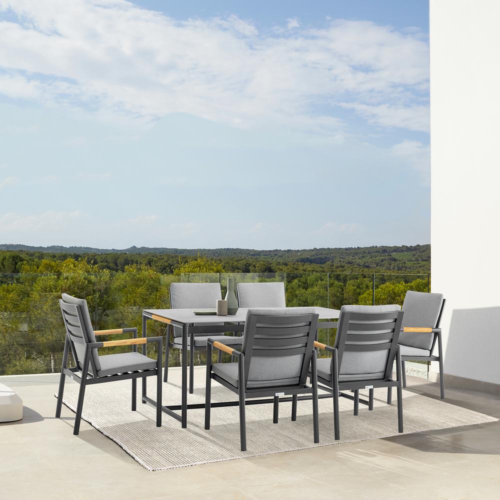 Royal 7 Piece Black Aluminum and Teak Outdoor Dining Set with Dark Gray Fabric. Picture 10