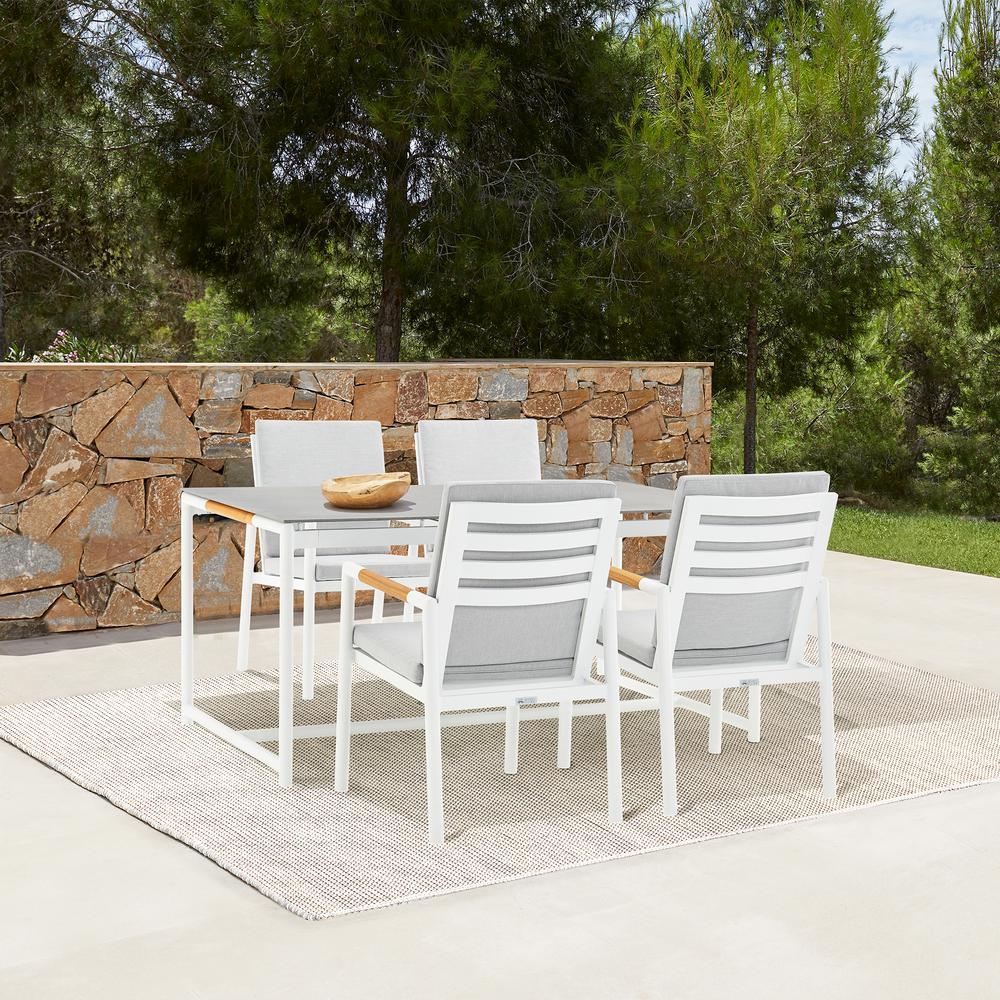 Royal 5 Piece White Aluminum and Teak Outdoor Dining Set with Light Gray Fabric. Picture 9