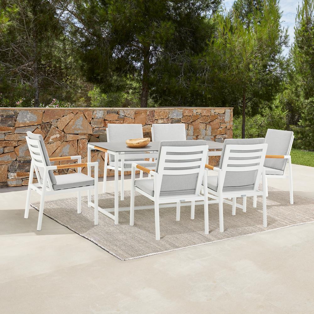 Royal 7 Piece White Aluminum and Teak Outdoor Dining Set with Light Gray Fabric. Picture 9