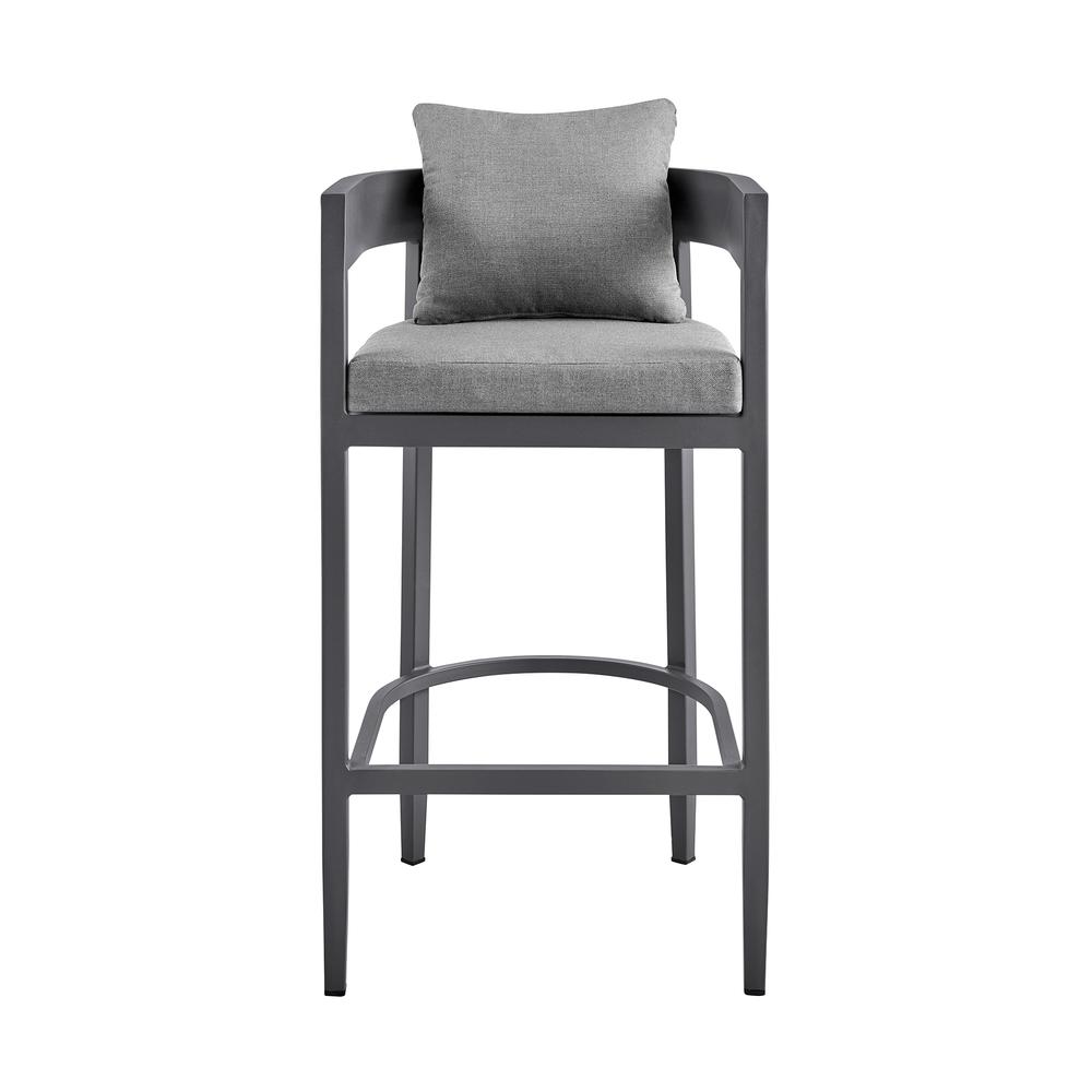 Argiope Outdoor Patio Counter Height Bar Stool in Aluminum with Grey Cushions. Picture 1