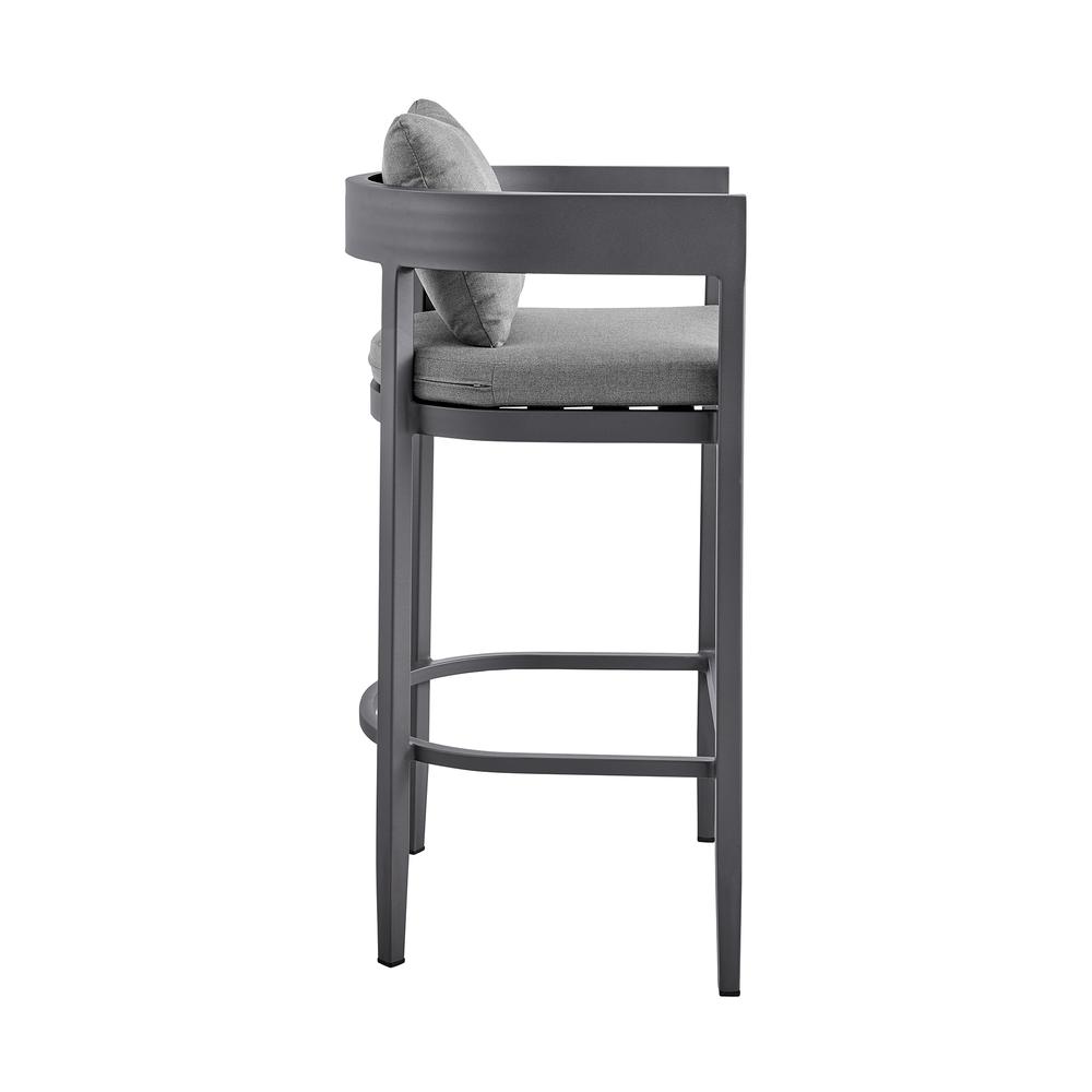 Argiope Outdoor Patio Counter Height Bar Stool in Aluminum with Grey Cushions. Picture 2