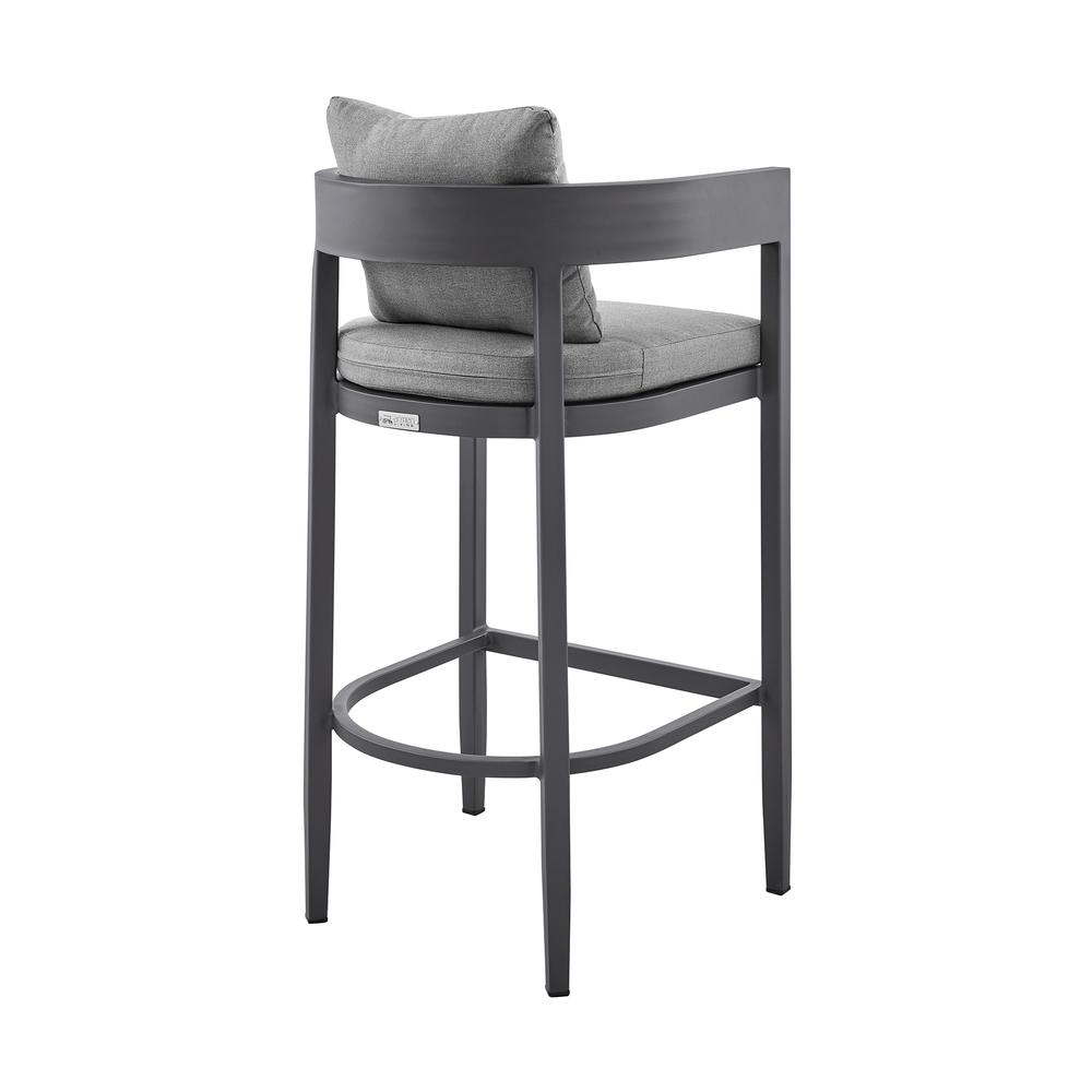 Argiope Outdoor Patio Counter Height Bar Stool in Aluminum with Grey Cushions. Picture 3