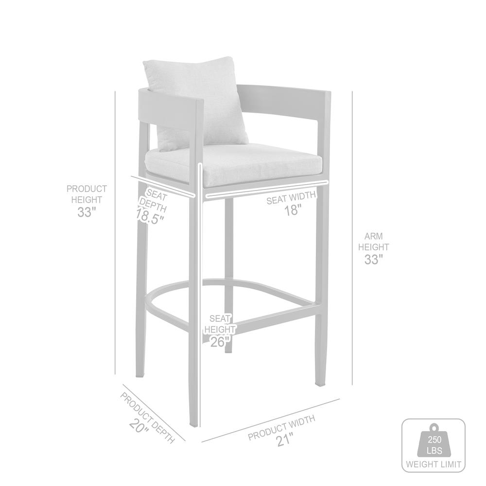 Argiope Outdoor Patio Counter Height Bar Stool in Aluminum with Grey Cushions. Picture 8
