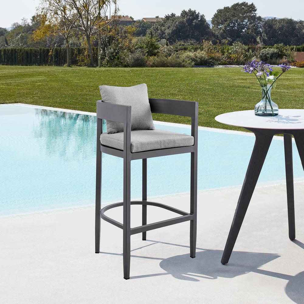 Argiope Outdoor Patio Counter Height Bar Stool in Aluminum with Grey Cushions. Picture 9