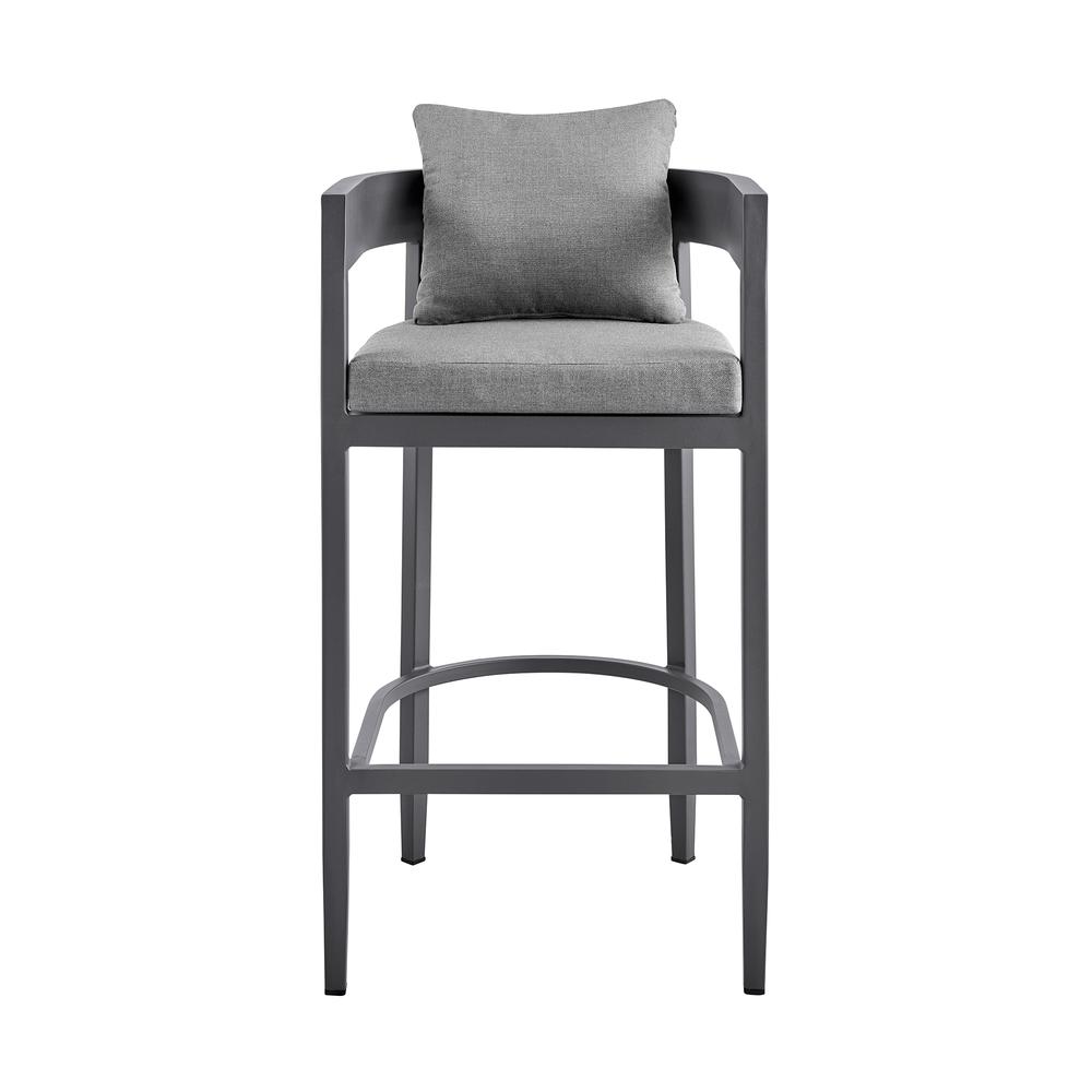 Argiope Outdoor Patio Bar Stool in Aluminum with Grey Cushions. Picture 1