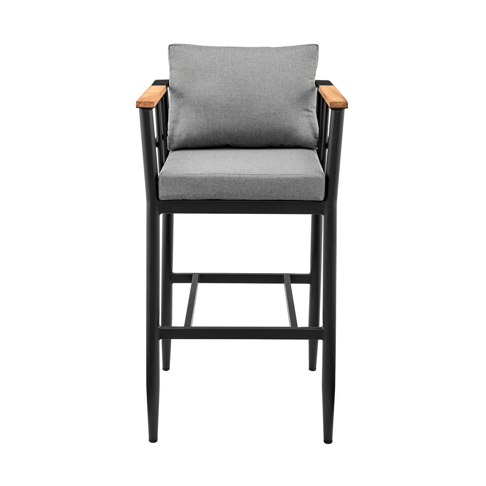 Wiglaf Outdoor Patio Bar Stool in Aluminum and Teak with Grey Cushions. Picture 1
