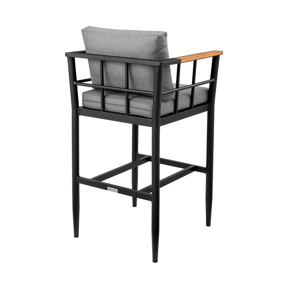 Wiglaf Outdoor Patio Bar Stool in Aluminum and Teak with Grey Cushions. Picture 3