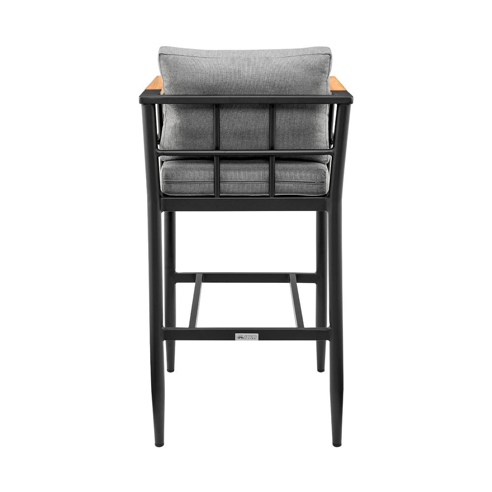 Wiglaf Outdoor Patio Bar Stool in Aluminum and Teak with Grey Cushions. Picture 4