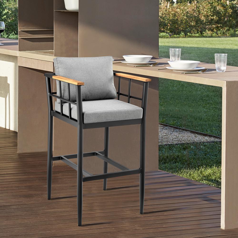 Wiglaf Outdoor Patio Bar Stool in Aluminum and Teak with Grey Cushions. Picture 10