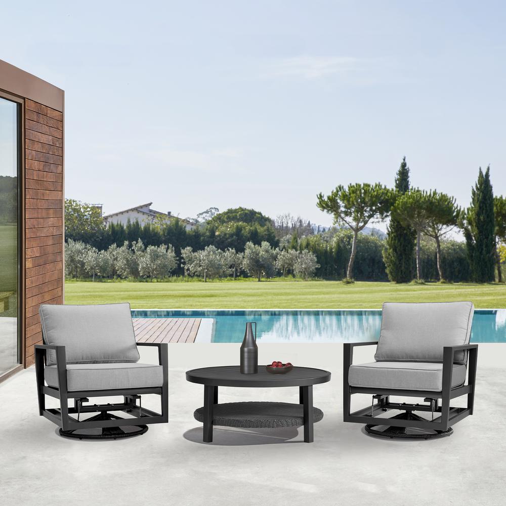 Grand 3 Piece Black Aluminum Outdoor Seating Set with Dark Gray Cushions. Picture 9