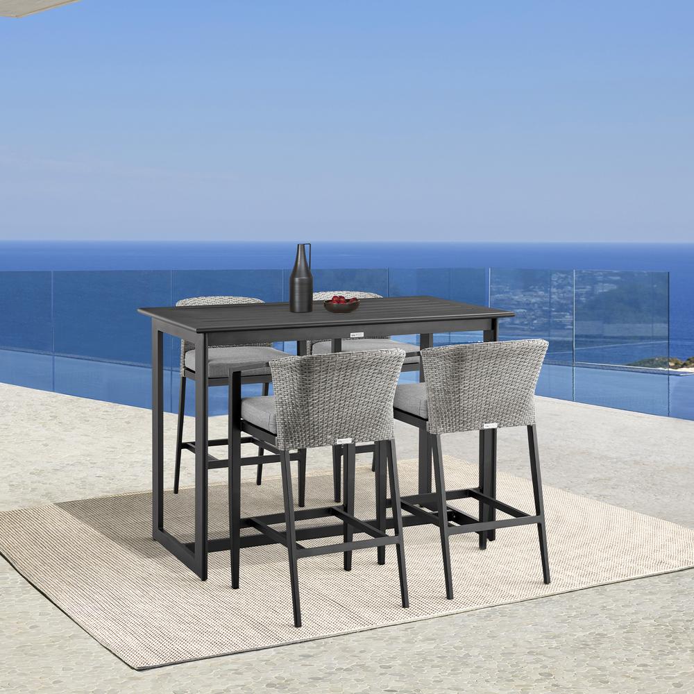 Aileen Outdoor Patio 5-Piece Bar Table Set in Aluminum with Grey Cushions. Picture 10