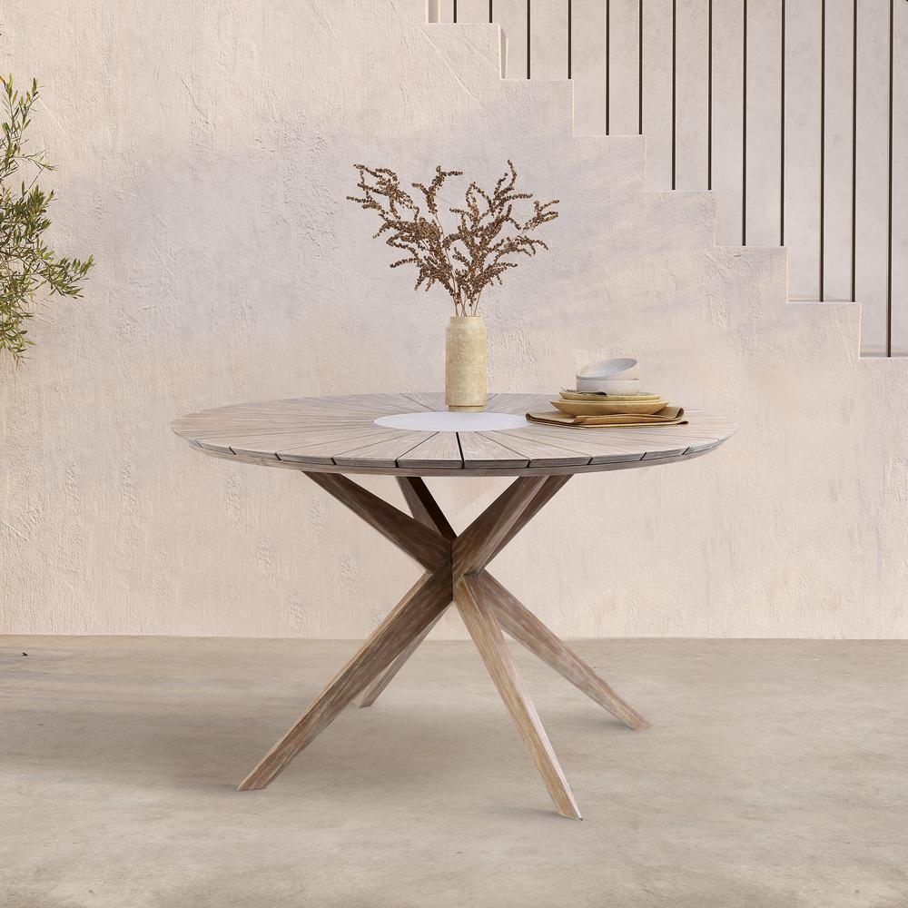Sachi Outdoor Light Eucalyptus Wood and Concrete Round Dining Table. Picture 6