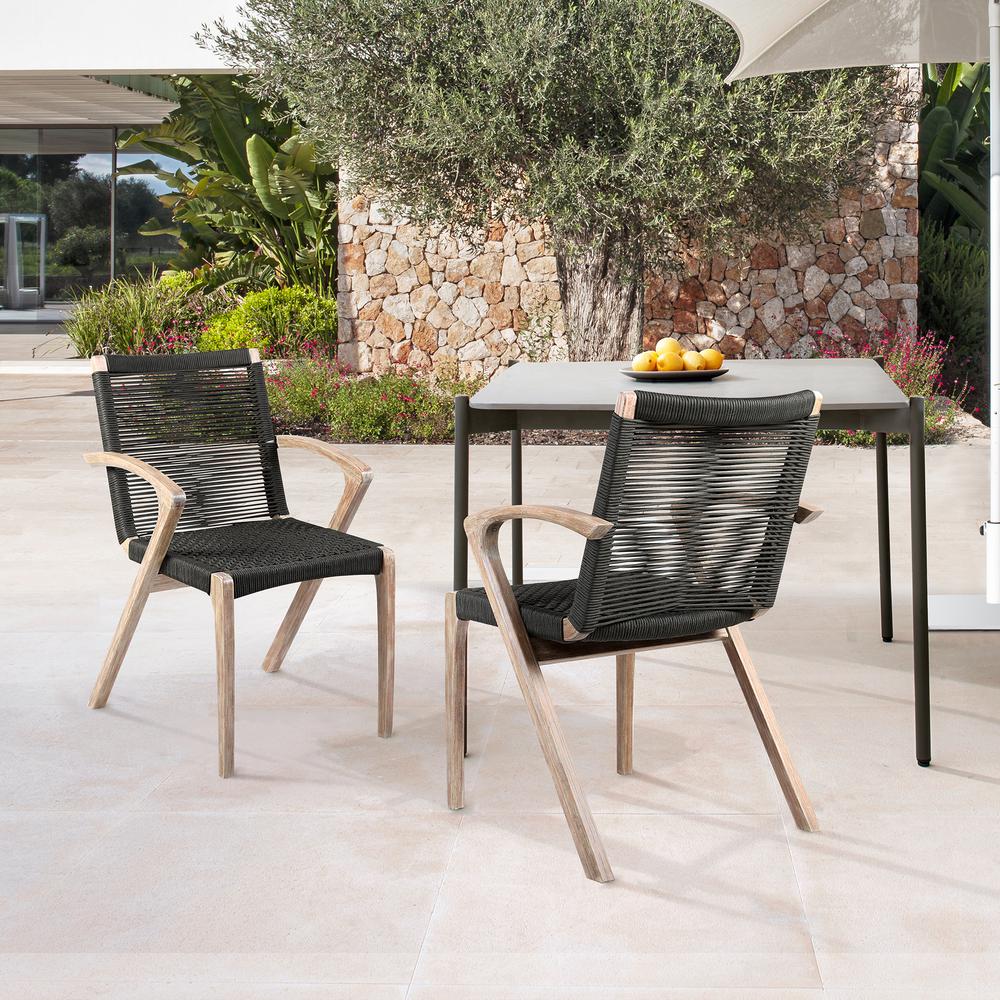Nabila Outdoor Light Eucalyptus Wood and Charcoal Rope Dining Chairs - Set of 2. Picture 10
