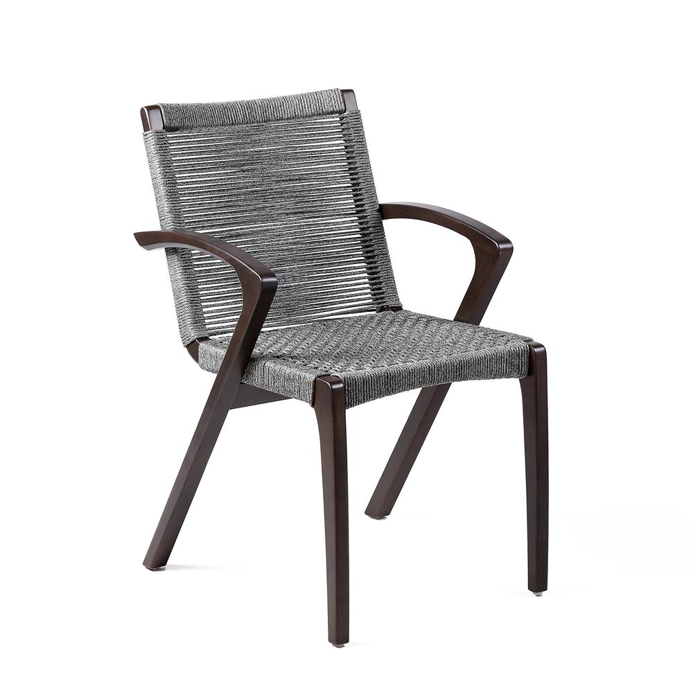 Nabila Outdoor Dark Eucalyptus Wood and Grey Rope Dining Chairs - Set of 2. Picture 1