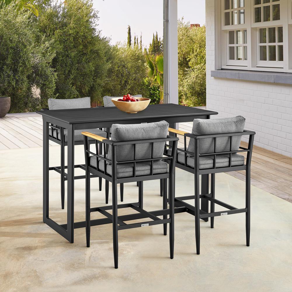 Wiglaf Outdoor Patio 5-Piece Bar Table Set in Aluminum with Grey Cushions. Picture 10
