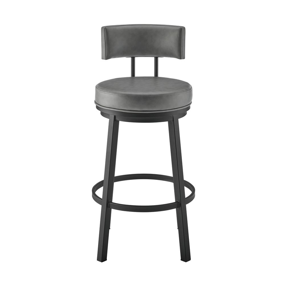 Dalza Swivel Counter or Bar Stool in Black Finish with Grey Faux Leather. Picture 1