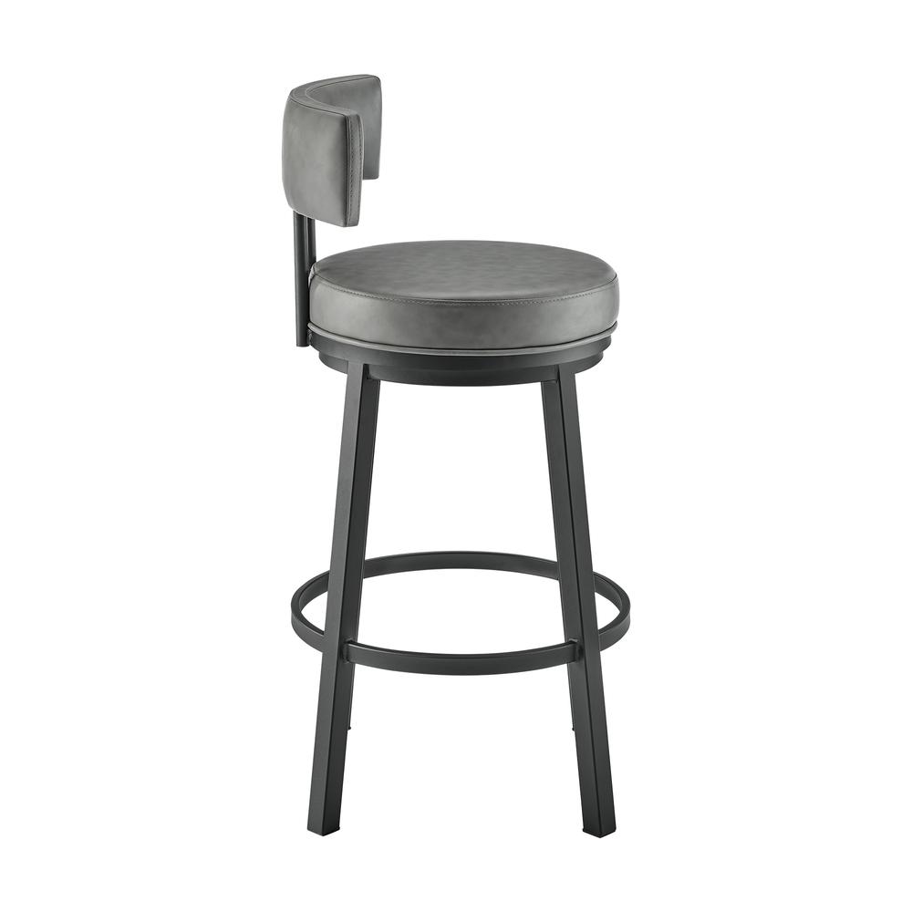 Dalza Swivel Counter or Bar Stool in Black Finish with Grey Faux Leather. Picture 2