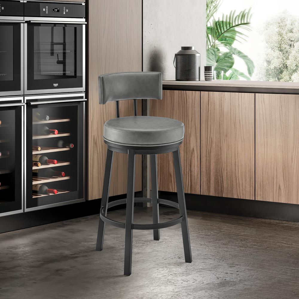 Dalza Swivel Counter or Bar Stool in Black Finish with Grey Faux Leather. Picture 10