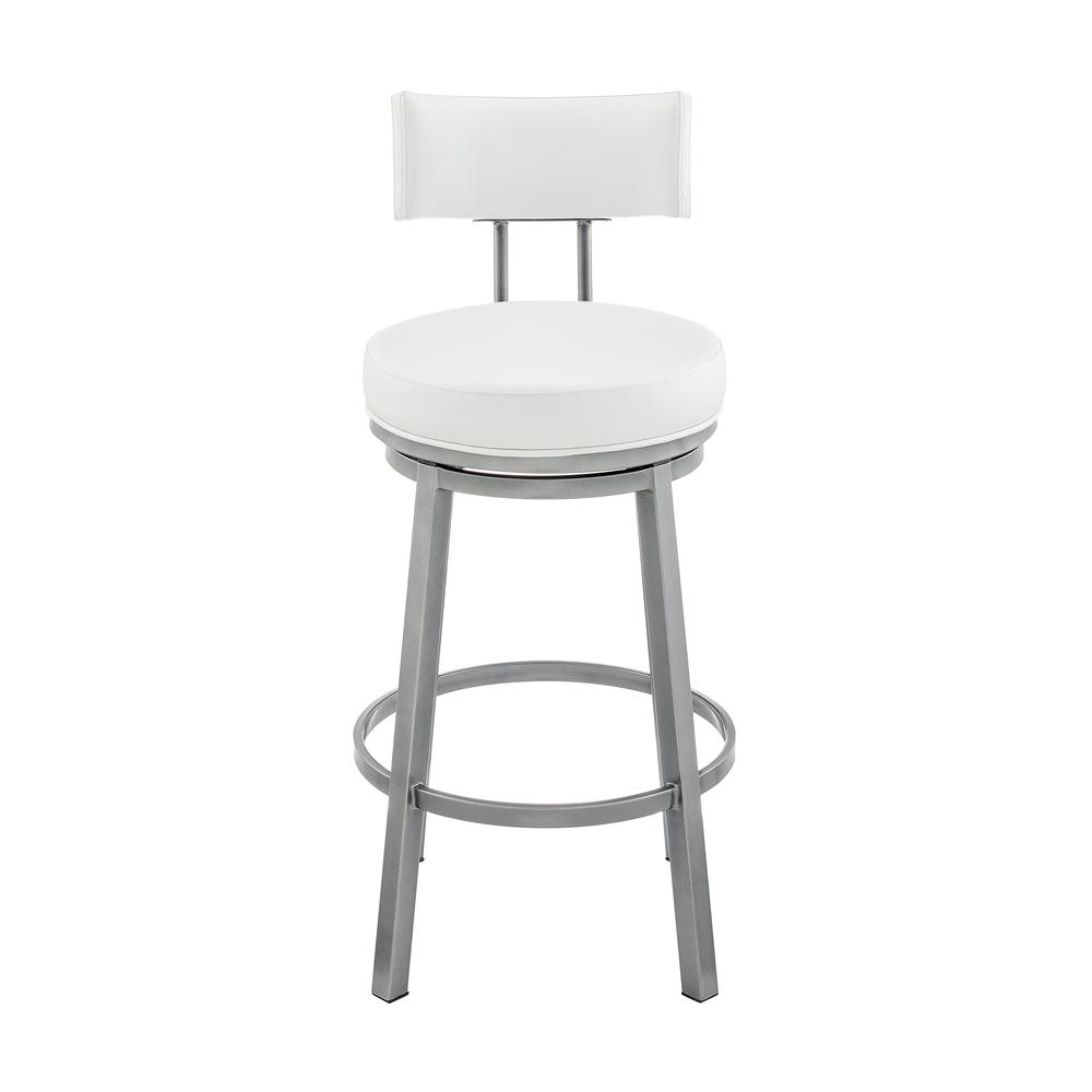 Dalza Swivel Counter or Bar Stool in Cloud Finish with White Faux Leather. Picture 1
