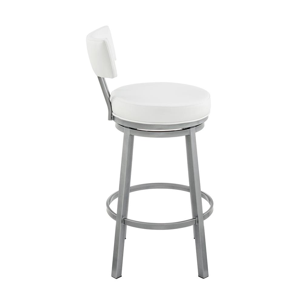 Dalza Swivel Counter or Bar Stool in Cloud Finish with White Faux Leather. Picture 2