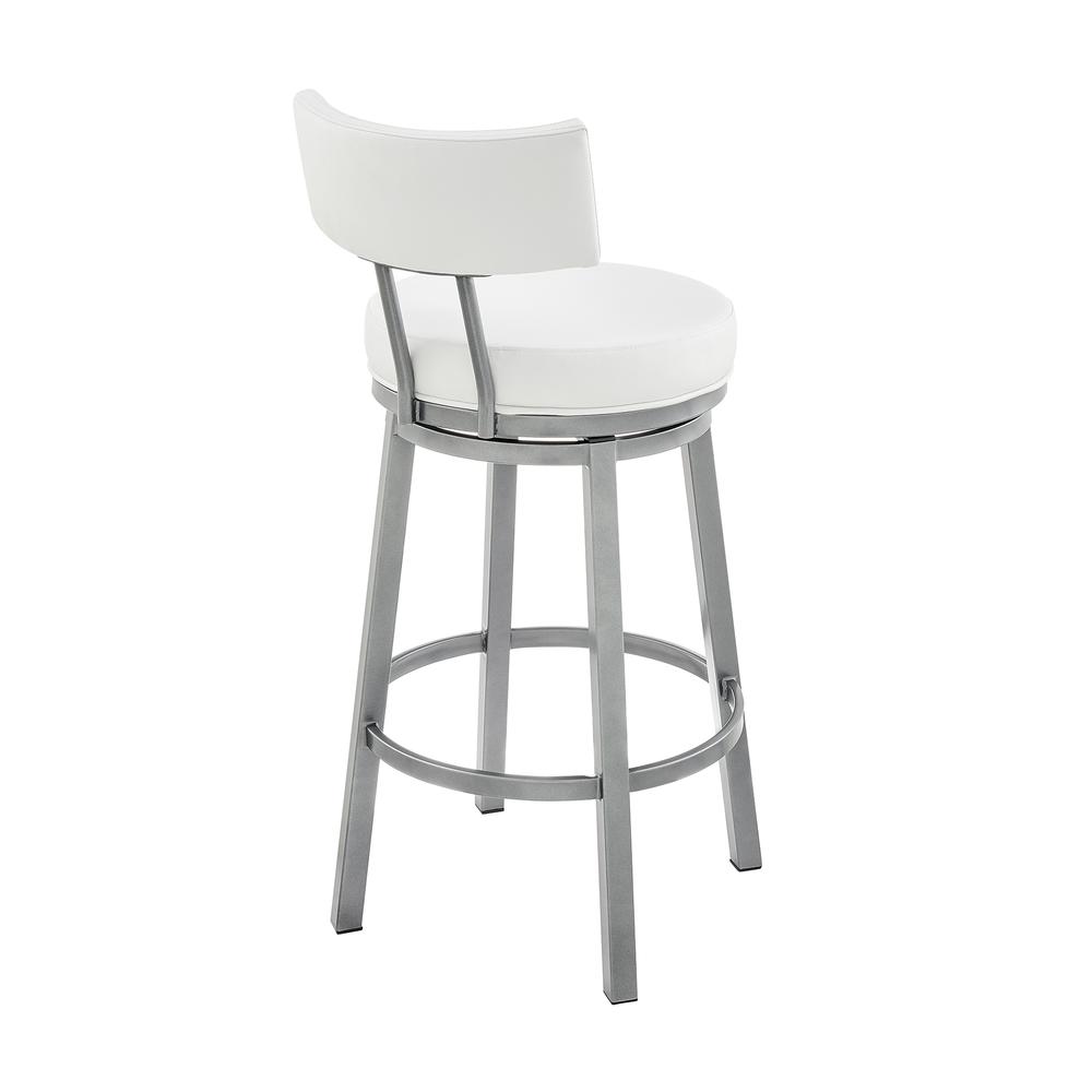 Dalza Swivel Counter or Bar Stool in Cloud Finish with White Faux Leather. Picture 3