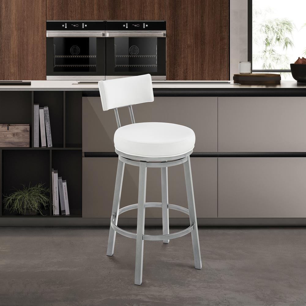 Dalza Swivel Counter or Bar Stool in Cloud Finish with White Faux Leather. Picture 10