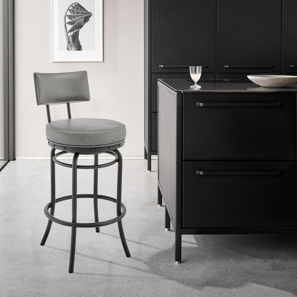Rees Swivel Counter or Bar Stool in Black Finish with Grey Faux Leather. Picture 10