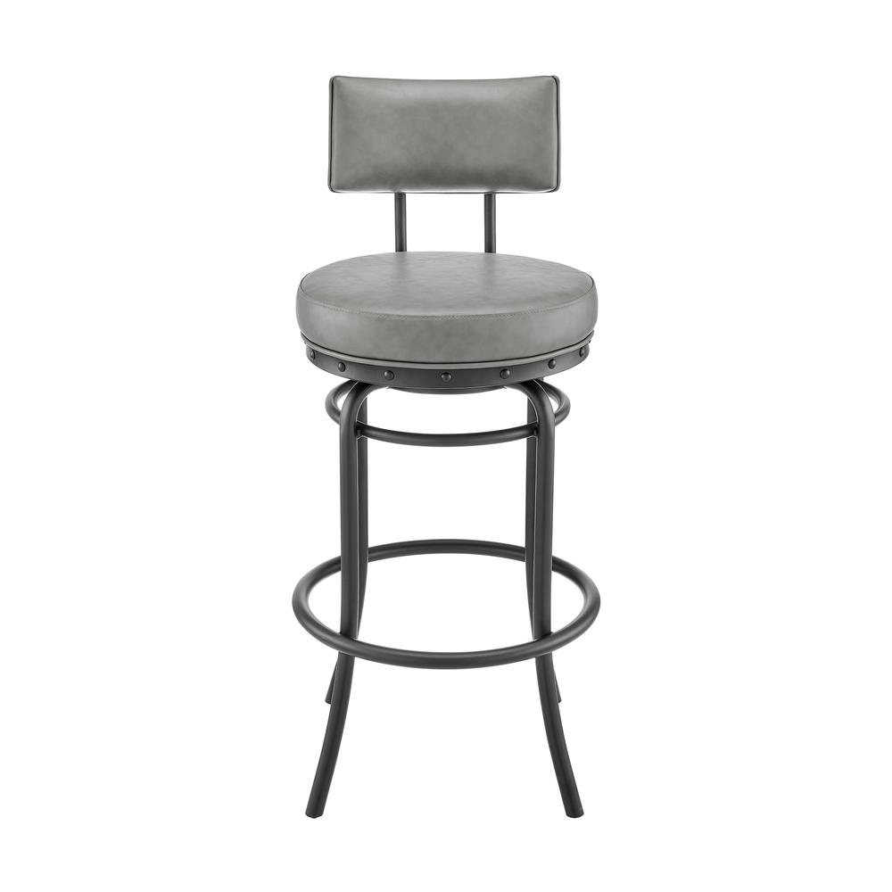 Rees Swivel Counter or Bar Stool in Black Finish with Grey Faux Leather. Picture 1