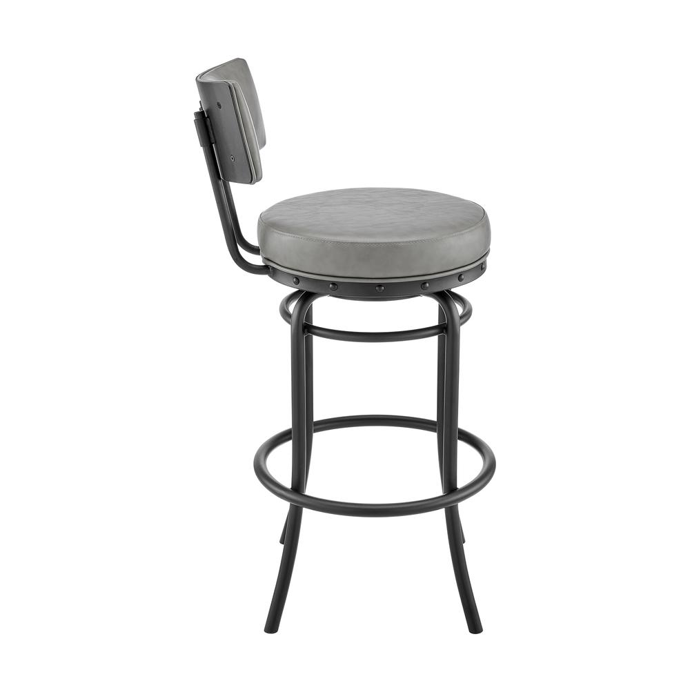 Rees Swivel Counter or Bar Stool in Black Finish with Grey Faux Leather. Picture 2
