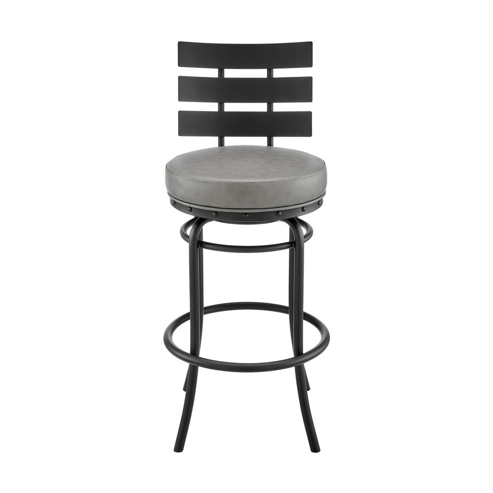 Natya Swivel Counter or Bar Stool in Black Finish with Grey Faux Leather. Picture 1